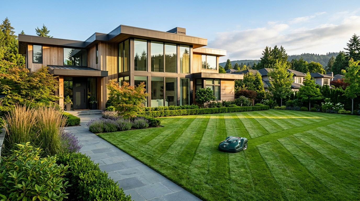 Luxury residential lawn with robotic mower