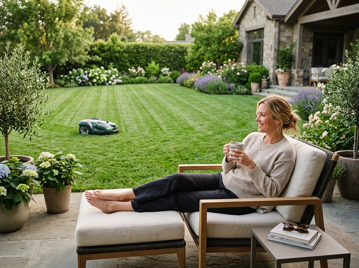 Homeowner relaxing with coffee on manicured lawn